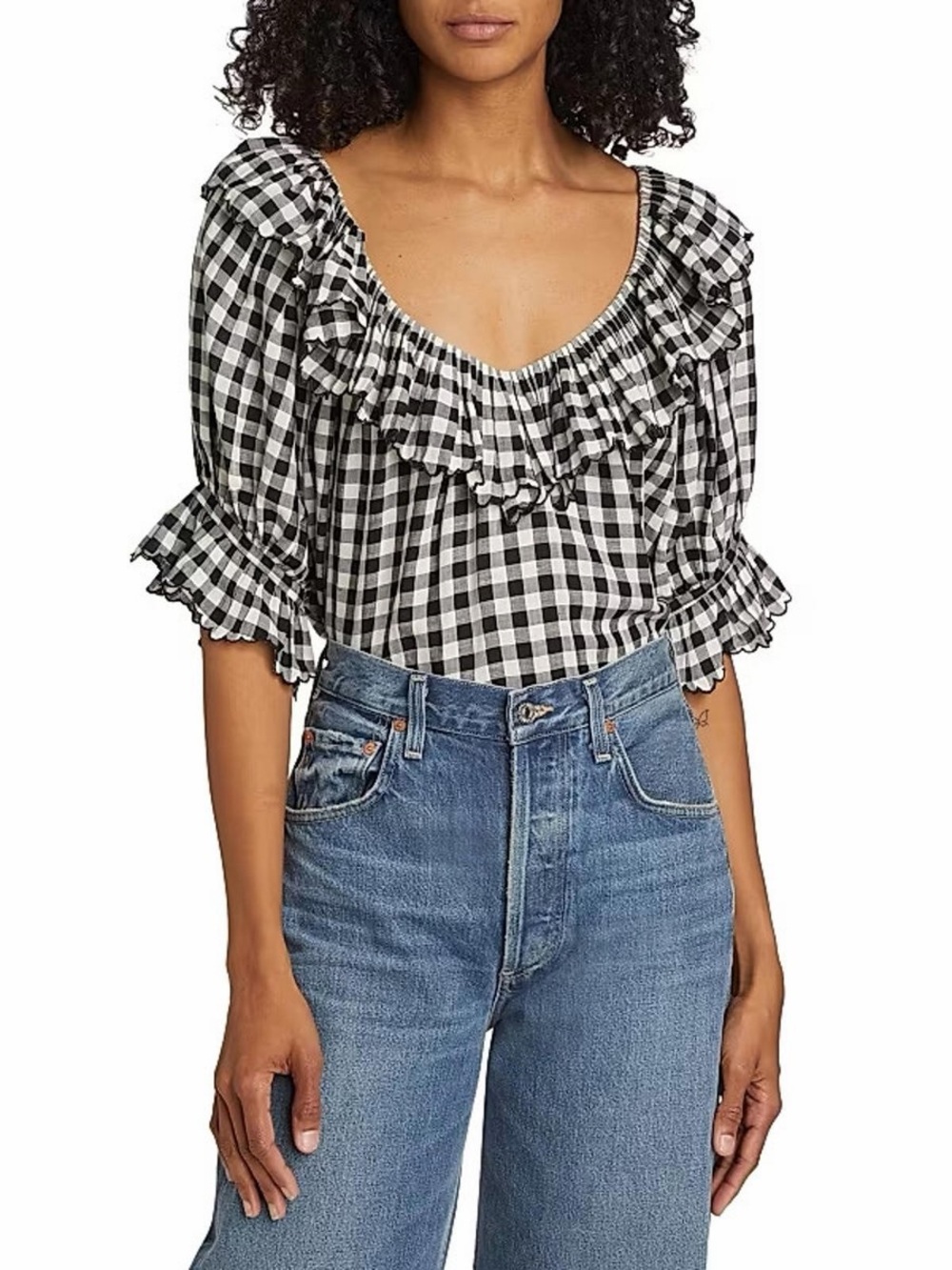 DÔEN Marilynn Gingham Ruffle Blouse Black White Size M